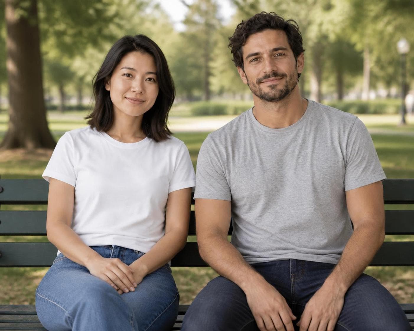 Recorded PhotoGenerAI result showing both source people seated together on a park bench