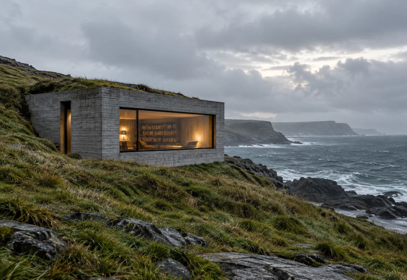 Concrete reading room on a windswept coast after rain
