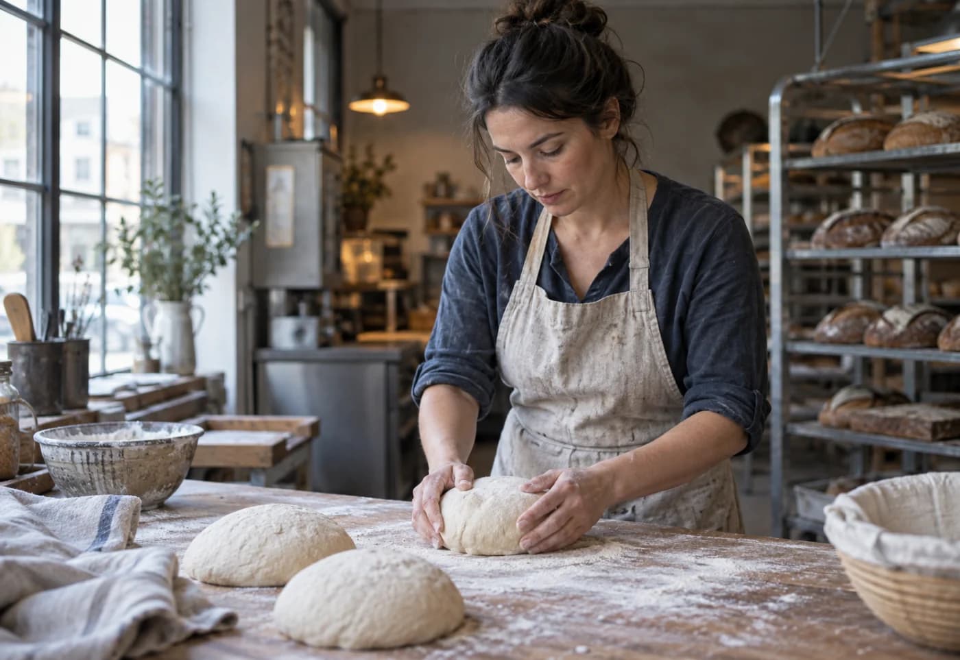 Artisan baker shaping sourdough at a flour-dusted counter
