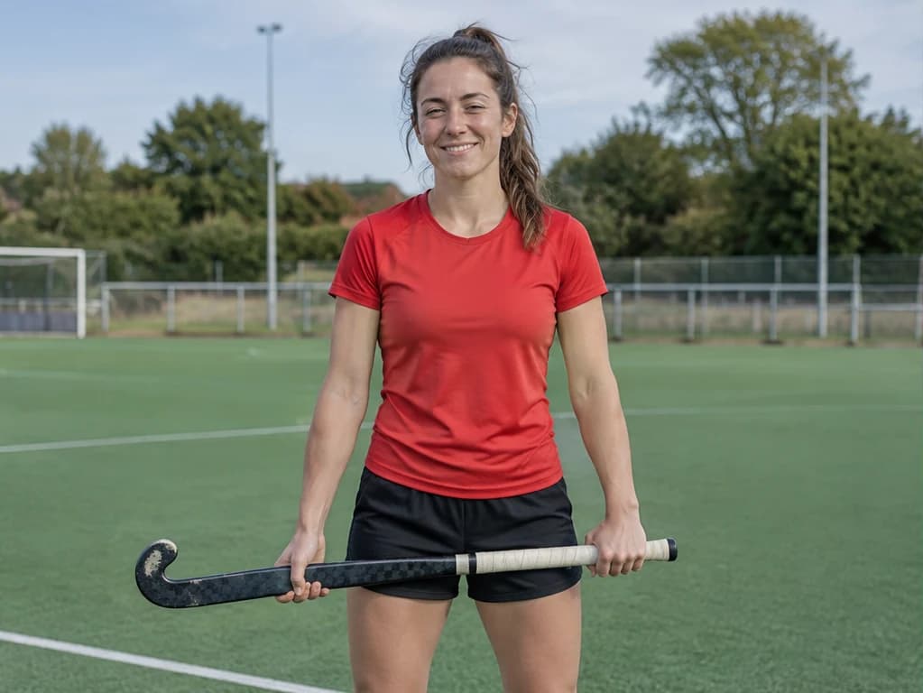 The same hockey player with a normal build on an ordinary community pitch