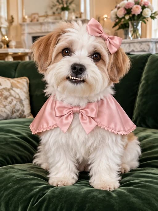 Fluffy terrier in a pink outfit on a velvet sofa in a luxury living room
