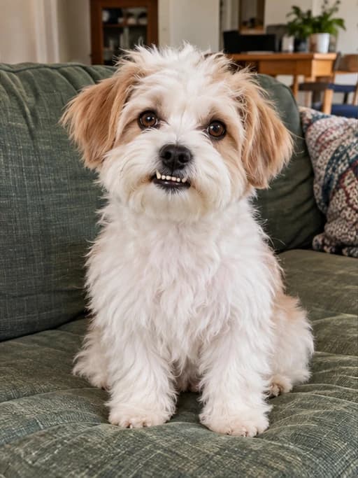 The same fluffy terrier on the worn sofa without its pink capelet or bow