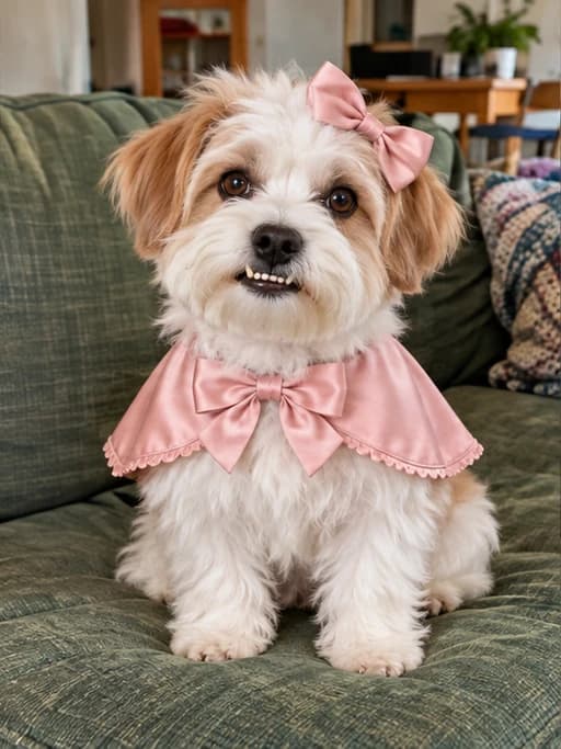 The same groomed terrier in its pink outfit on an ordinary worn sofa