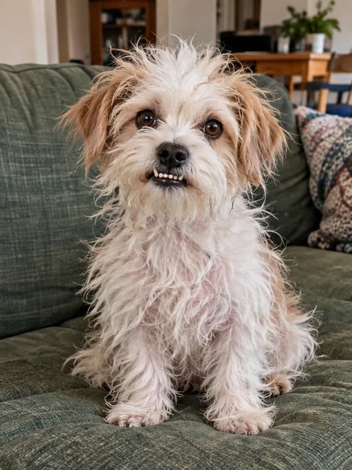 The same terrier with scruffy uneven fur and a goofy expression on the worn sofa