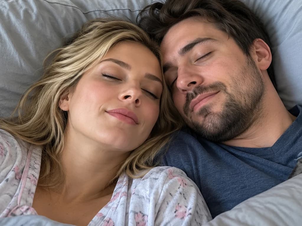 A fictional woman sleeping with blonde hair, makeup and a peaceful expression