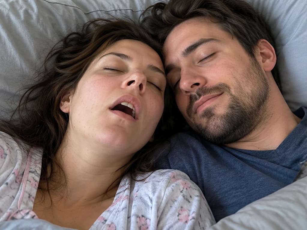 The same woman with dark hair, no makeup and her mouth open as she sleeps