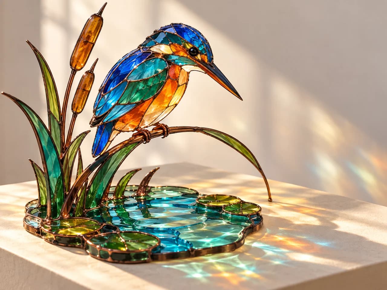 Stained-glass kingfisher on a copper reed above a small teal glass pond