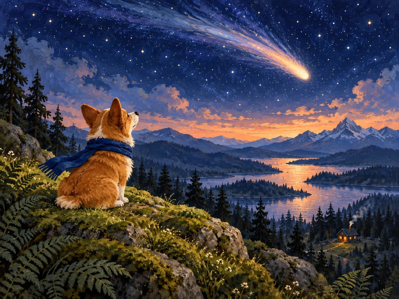 Cinnamon-colored corgi with a blue scarf watching a comet from a mossy hillside