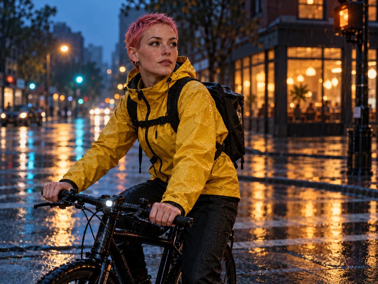 Pink-haired bicycle courier in a yellow rain jacket on a wet blue-hour street