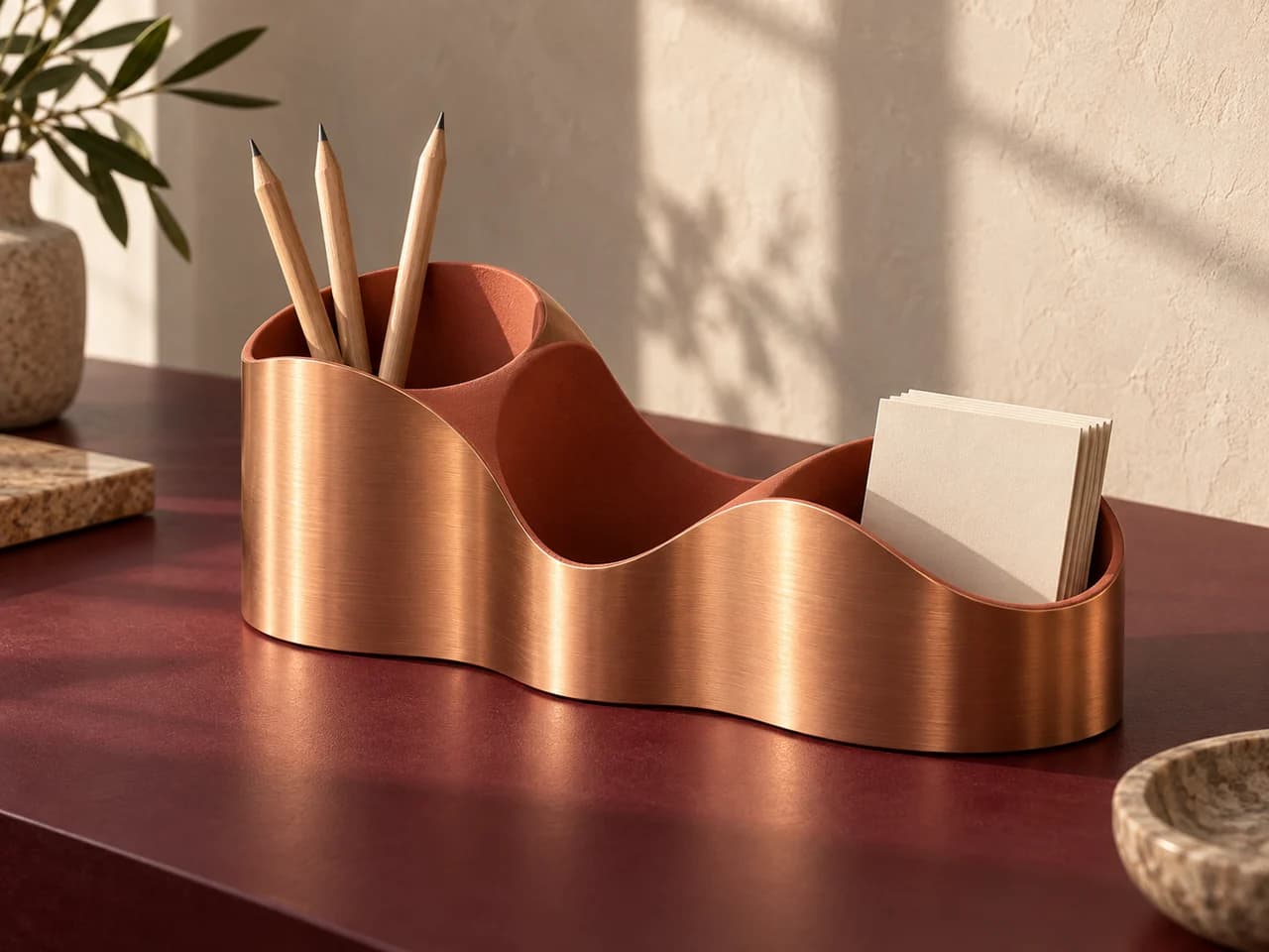 Brushed copper desk organizer shaped like dunes, holding pencils and blank cards
