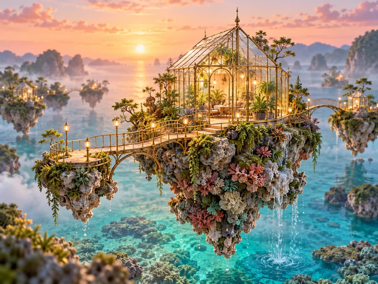 Tiny luminous glass greenhouse in a floating island of coral and moss