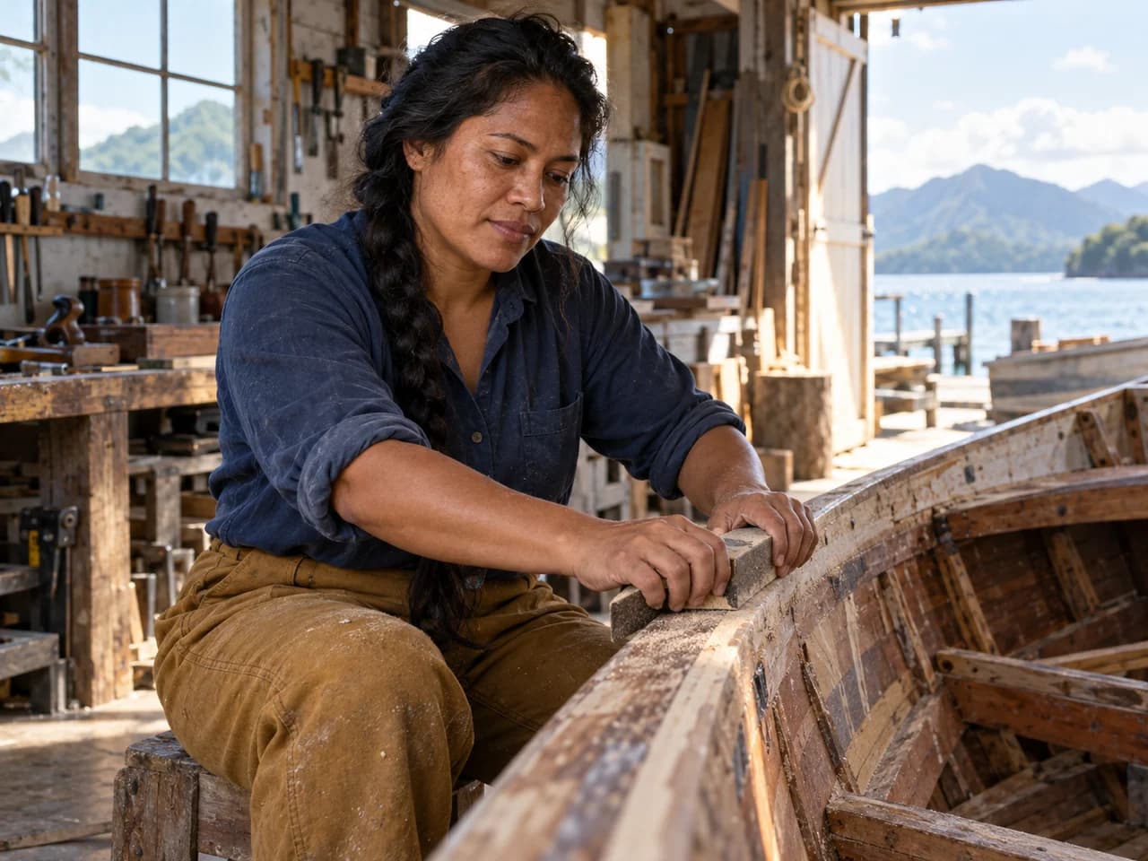 Woman with a long dark braid restoring a wooden rowing boat in a waterfront workshop