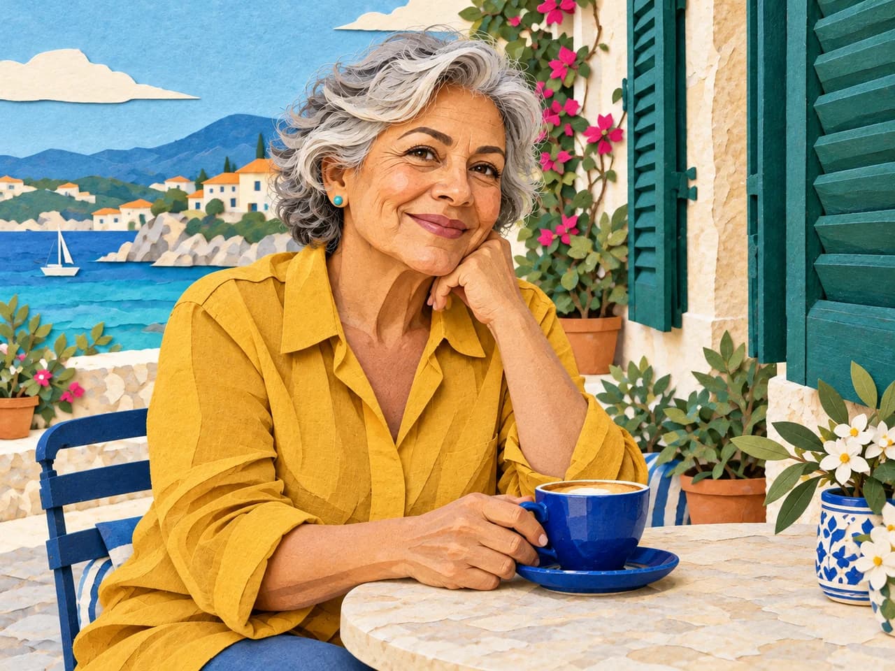 Cut-paper interpretation of the cafe portrait with the same silver-haired woman and blue cup