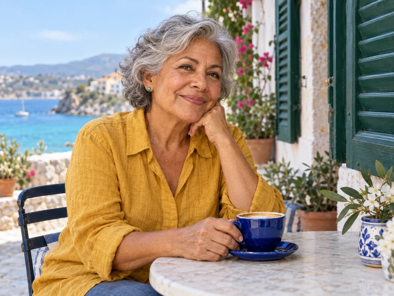 Silver-haired woman in a mustard linen shirt at a seaside cafe