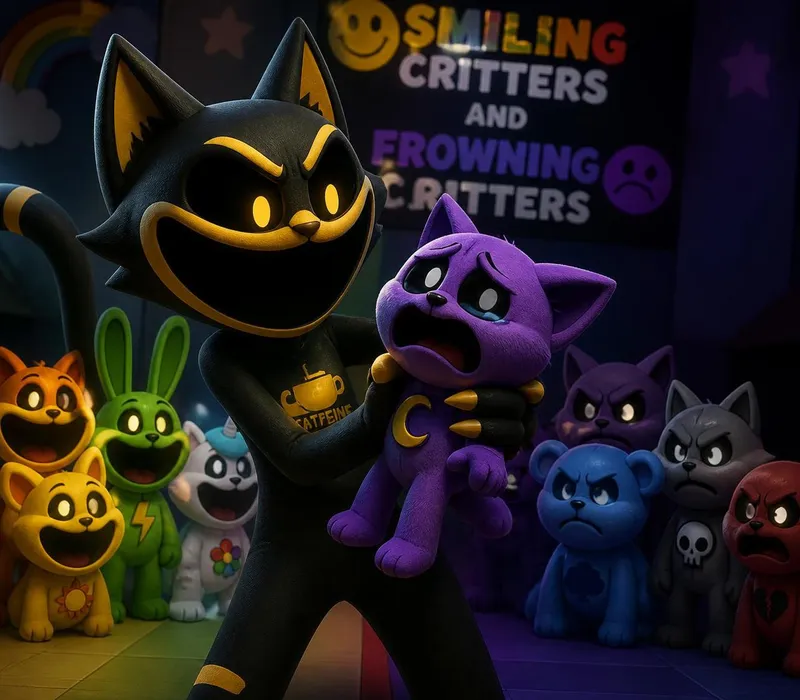 Colorful cartoon cats in a dramatic illustrated scene