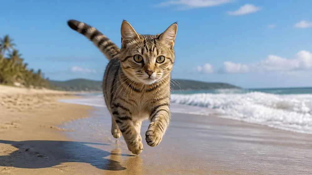 A tabby cat running along a sunny beach