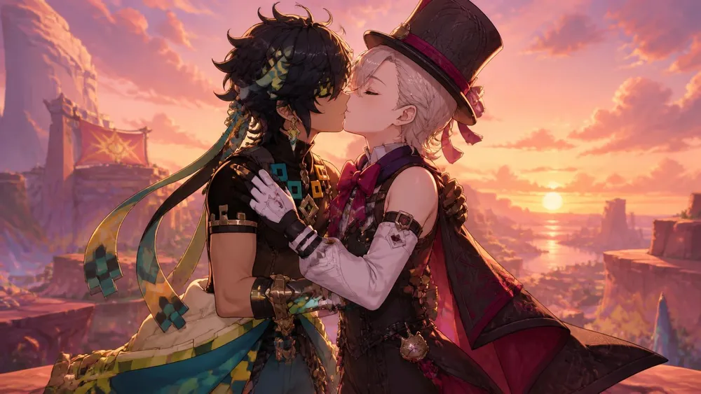 Two fantasy characters together at sunset
