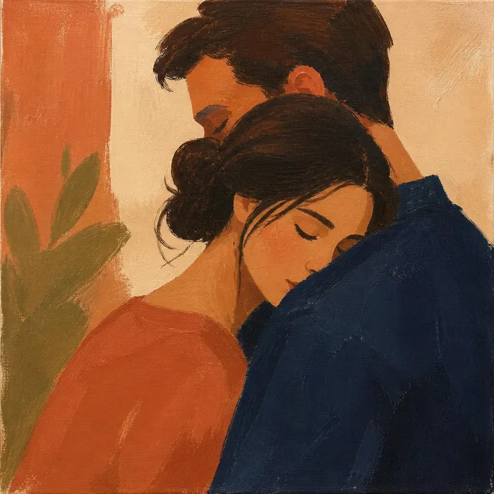 A couple embracing in a warm orange and blue painting