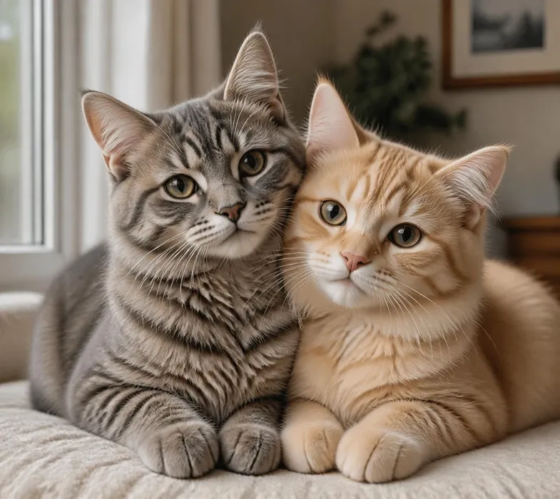Two tabby cats sitting together beside a sunlit window