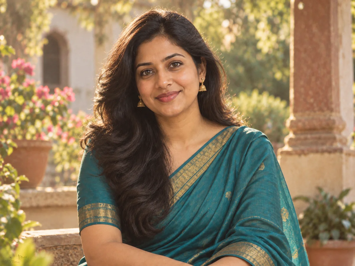 The same woman in an elegant 1980s Indian cinema-inspired portrait