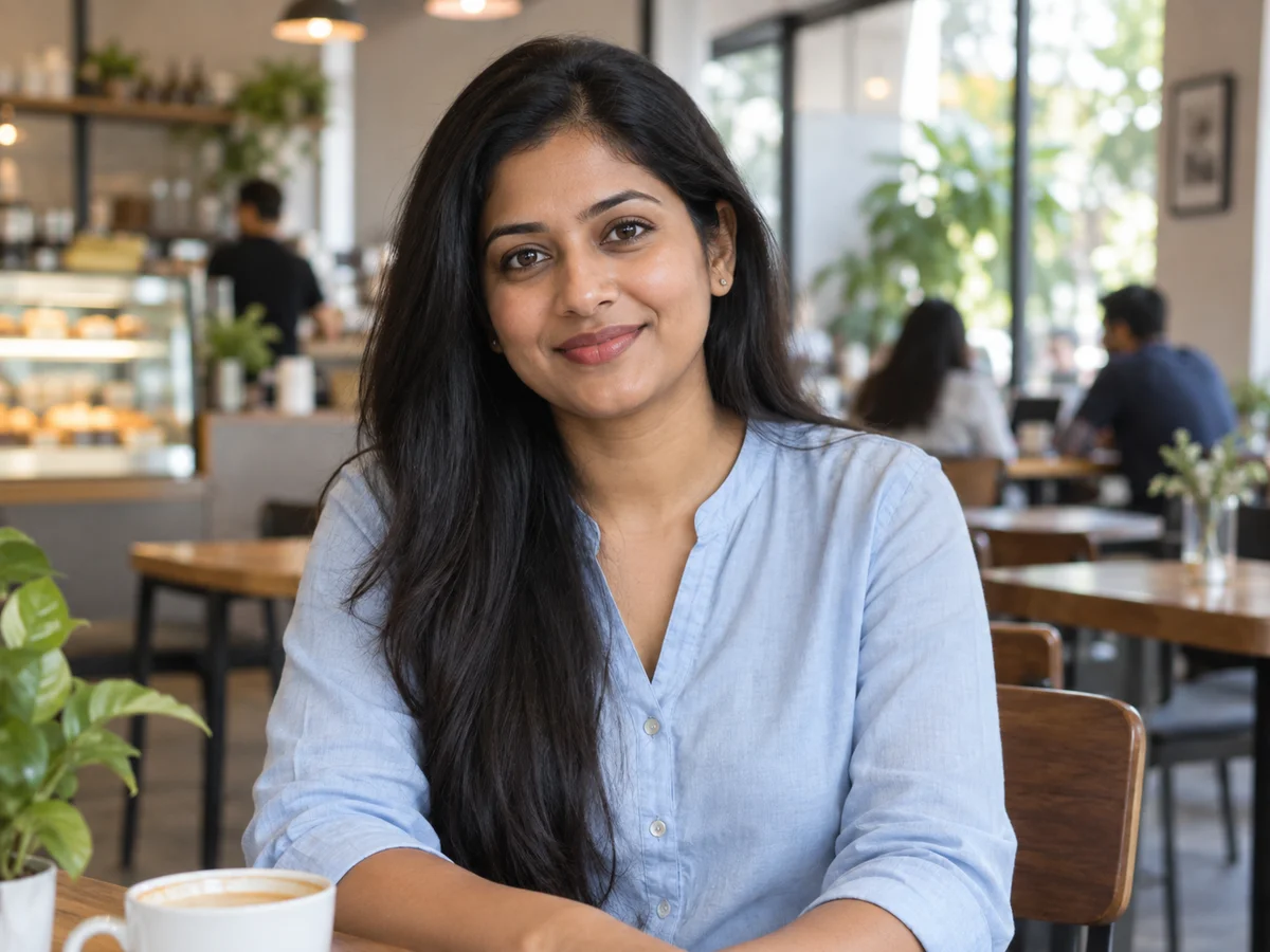 South Asian woman in a pale blue blouse at a cafe