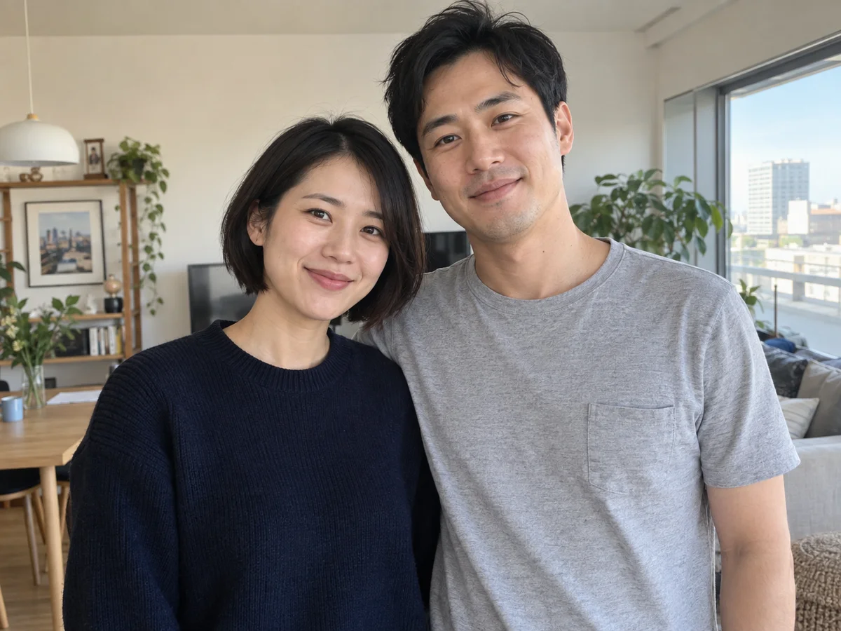 Modern East Asian couple photographed together at home