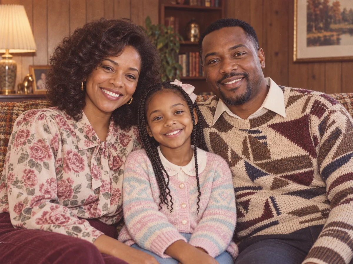 The same family in period knitwear in a 1980s living room