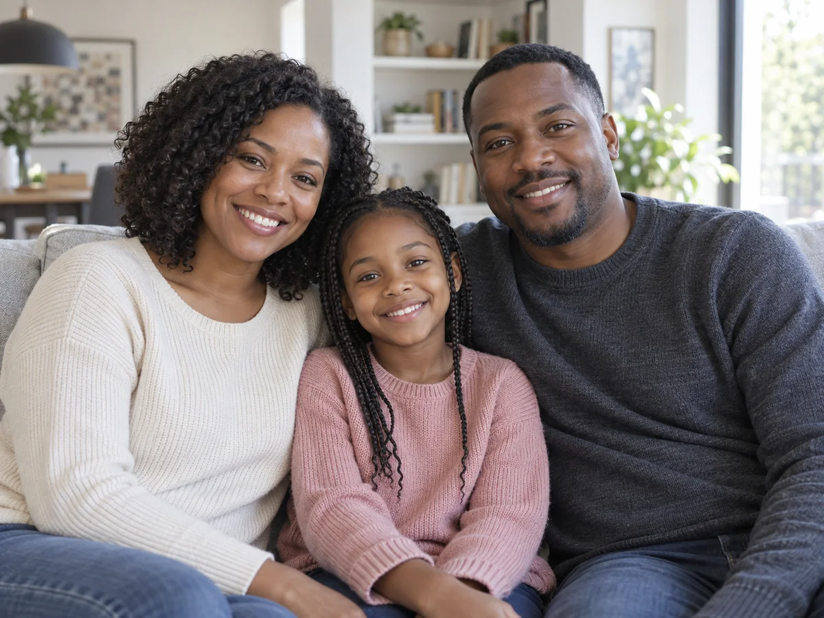 Parents and their daughter on a contemporary sofa