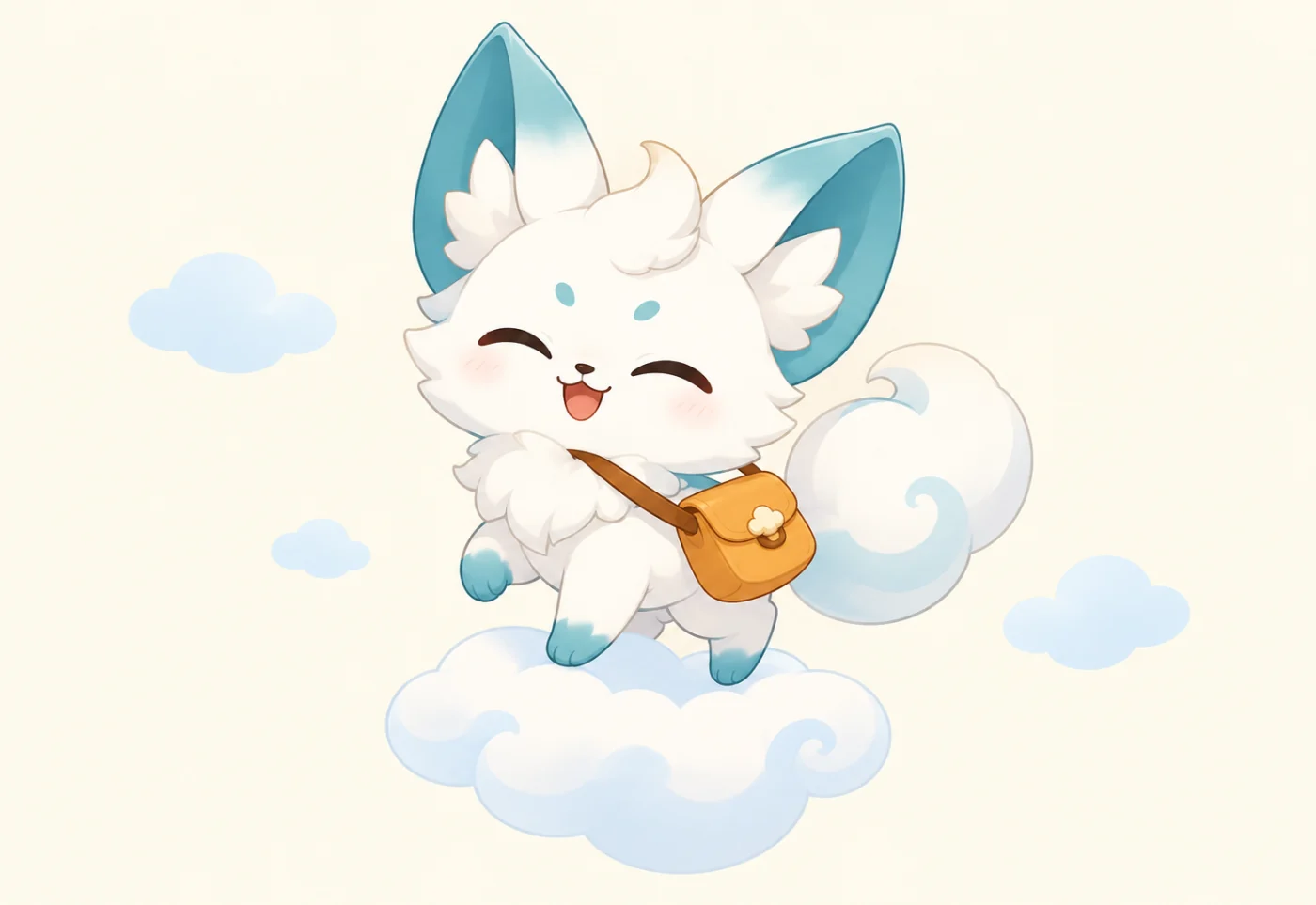 Original chibi cloud fox mascot carrying an amber mailbag