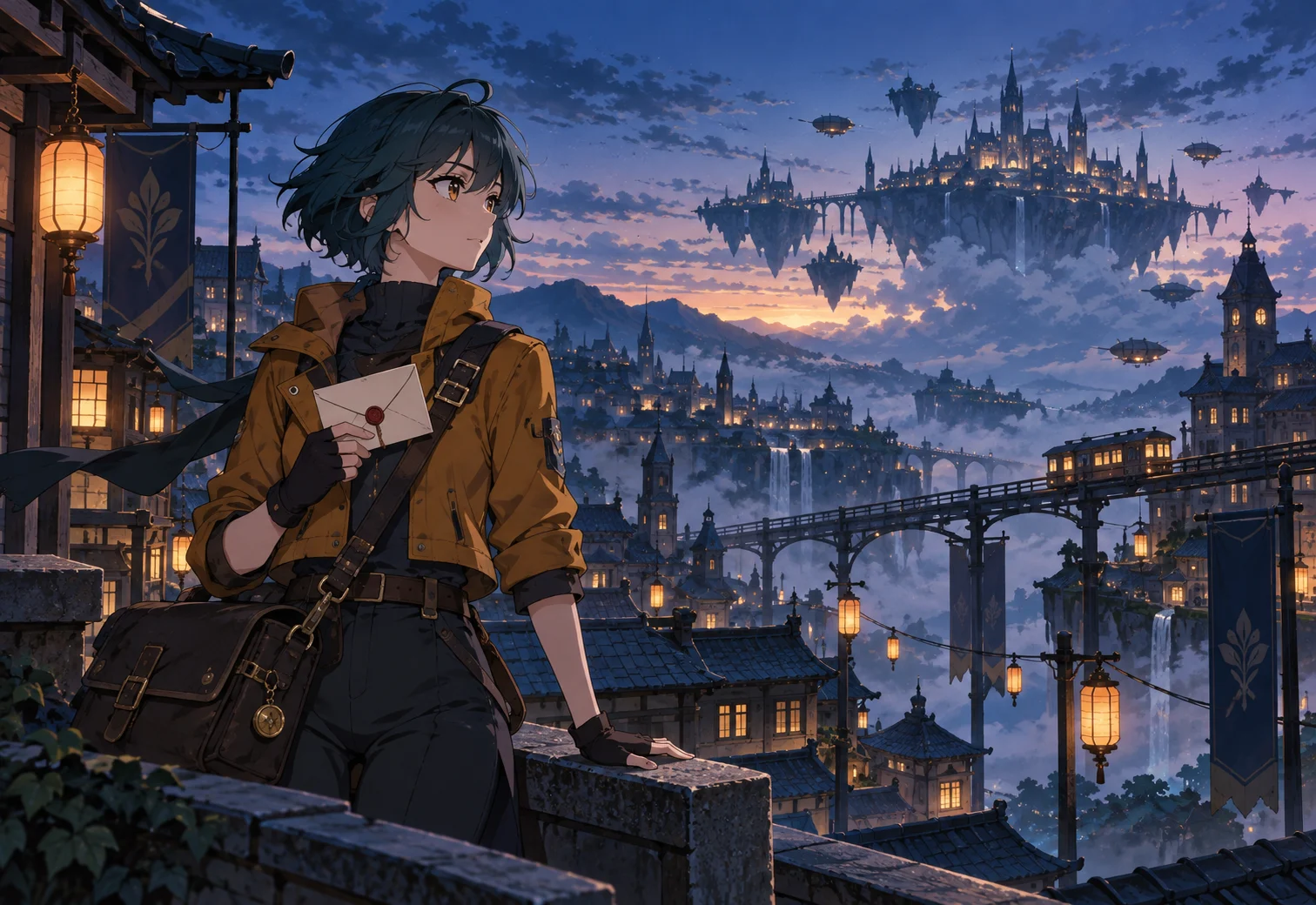Original anime courier overlooking a floating city from a lantern-lit rooftop
