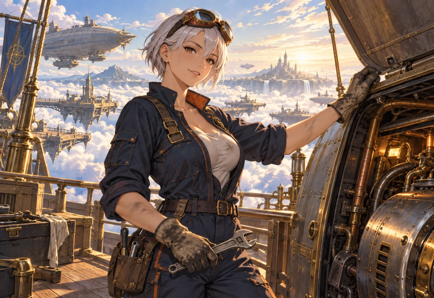 Original adult skyship mechanic beside an open engine hatch