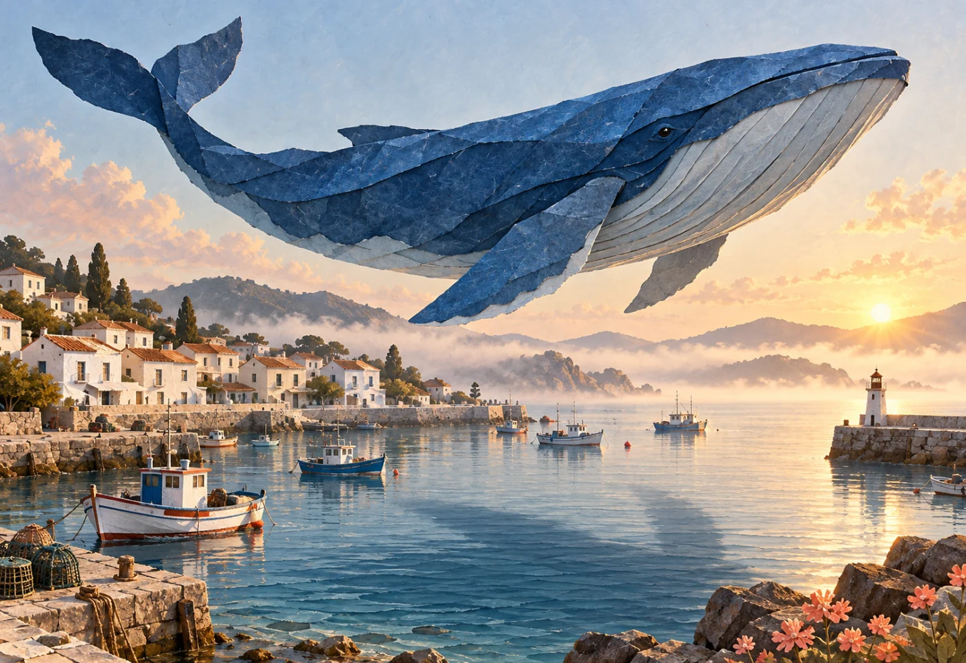 Large indigo origami whale floating over a coastal harbor
