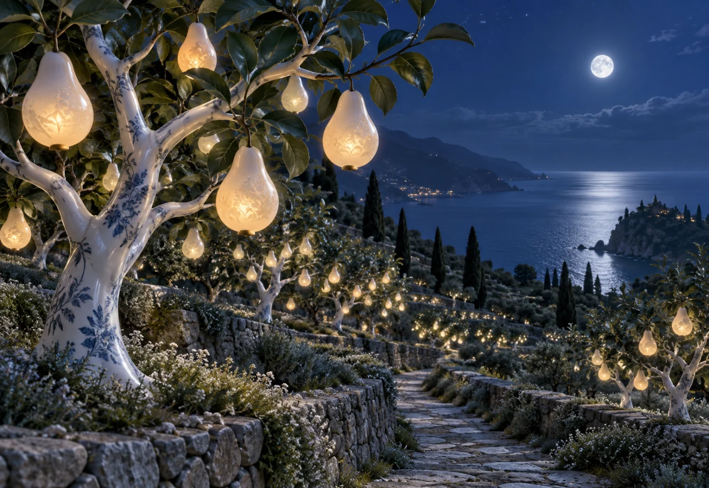 Moonlit hillside orchard with glowing porcelain pears