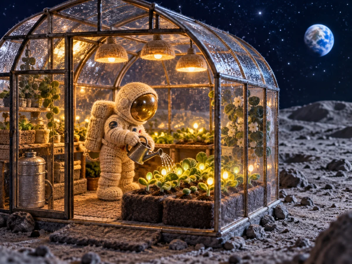 Knitted astronaut tending glowing plants inside a lunar greenhouse