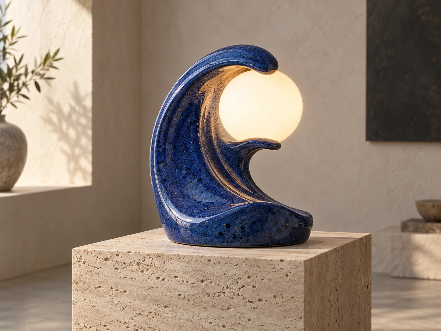 Cobalt ceramic wave lamp on a travertine plinth