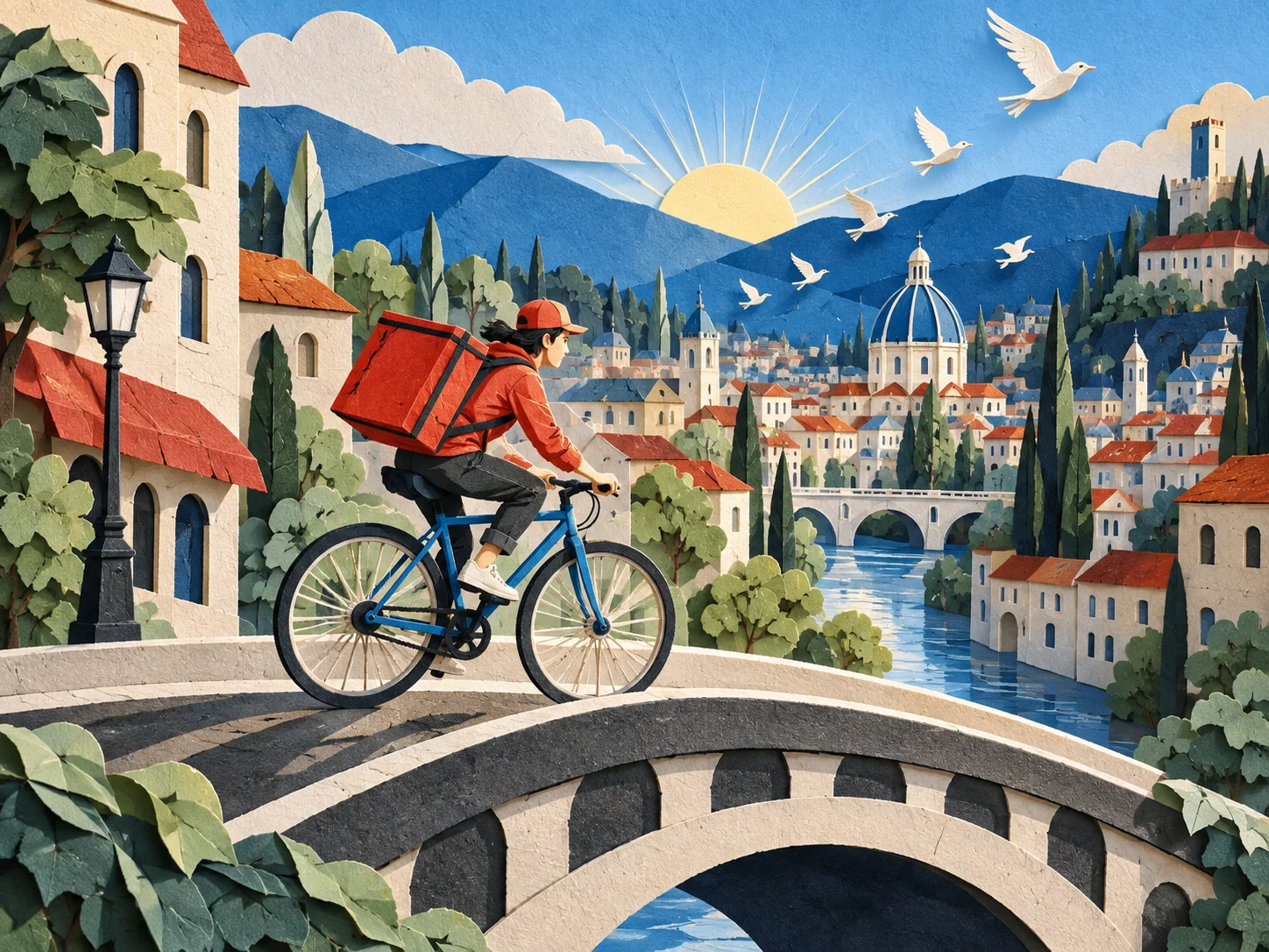 Bicycle courier crossing a bridge in a layered paper city