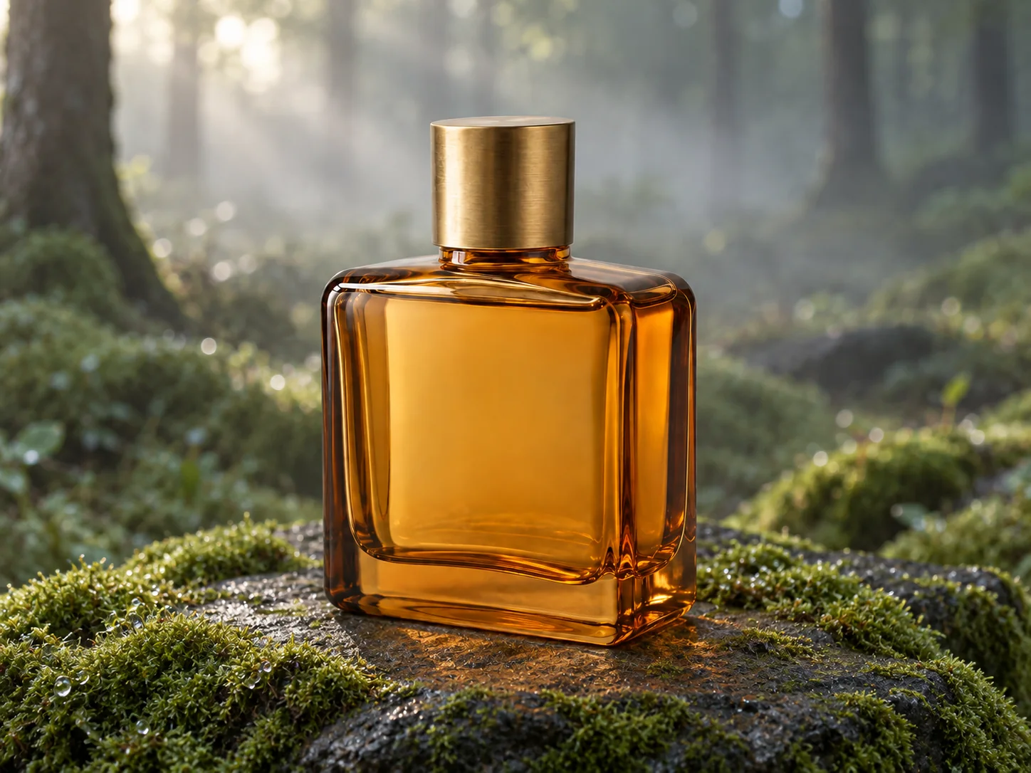 Unbranded amber glass perfume bottle on a mossy stone at dawn