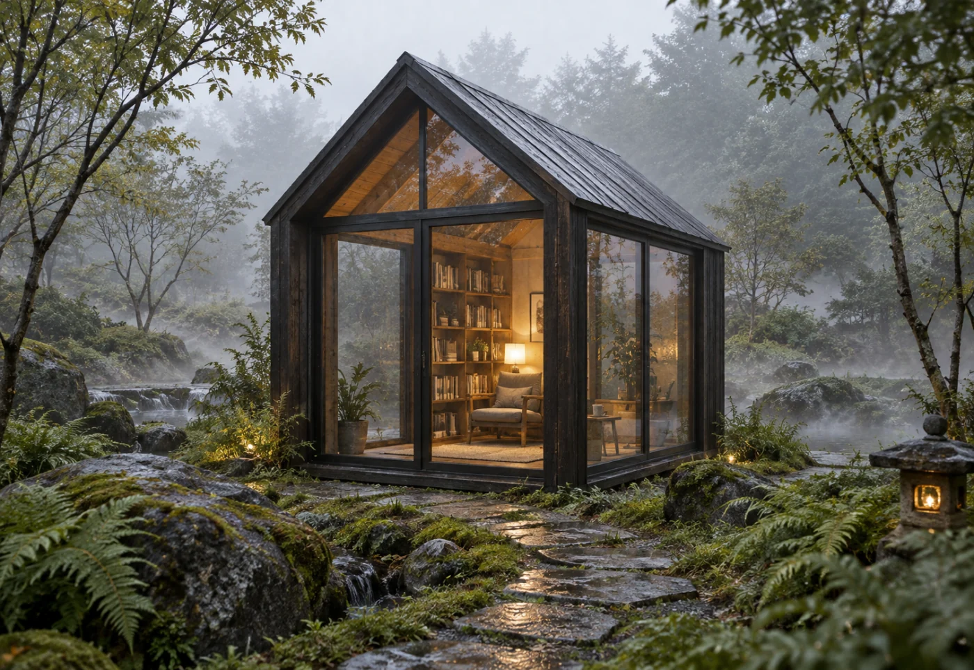 Dark timber reading pavilion in a misty garden