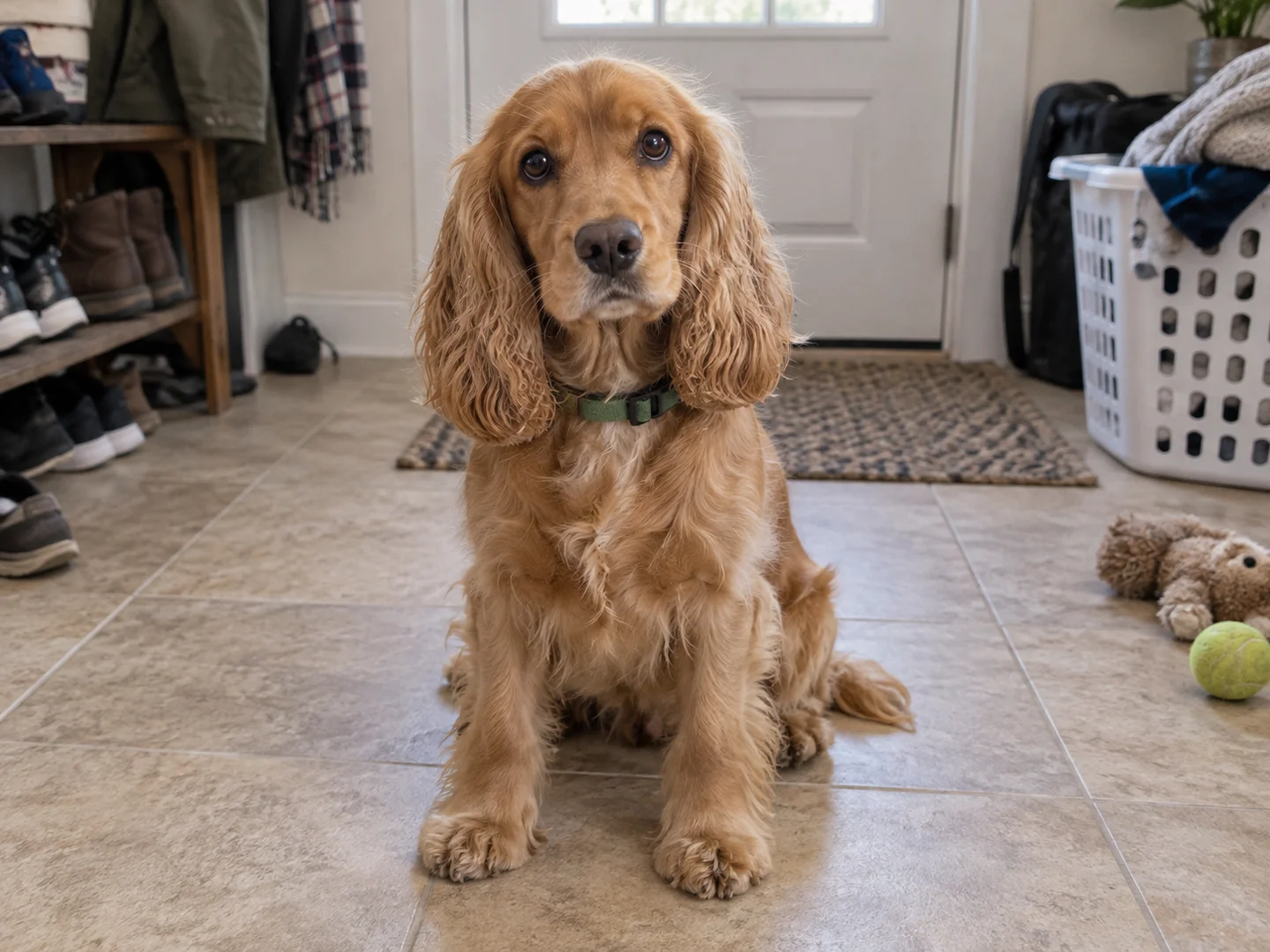 Golden cocker spaniel sitting in an entryway with shoes and a laundry basket