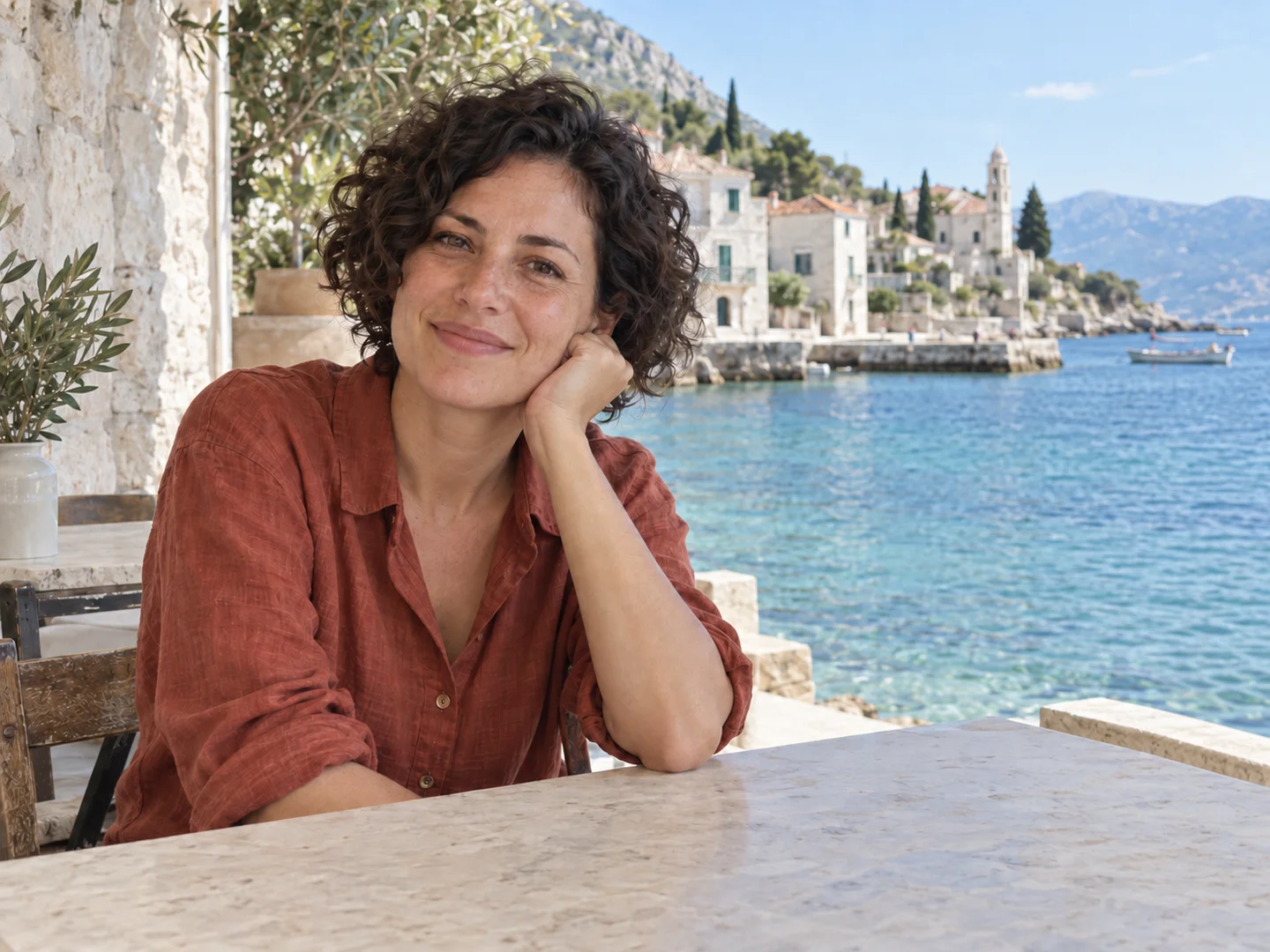 The same waterfront portrait with a clear stone tabletop