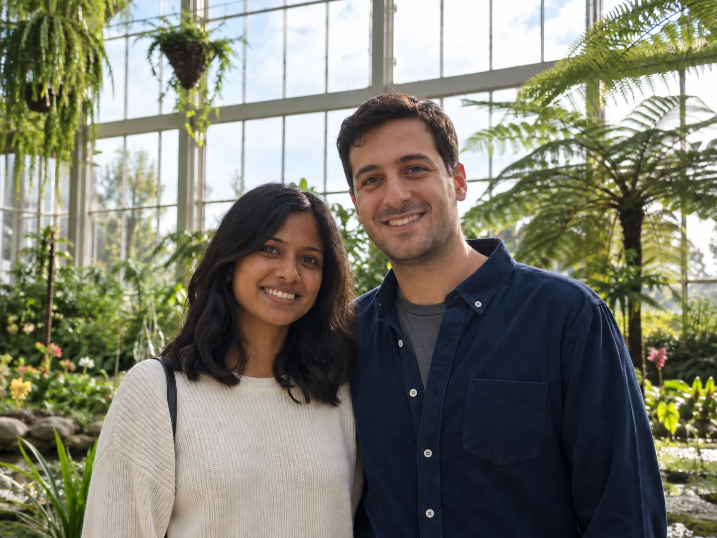 The same couple with brighter faces and natural greenhouse lighting