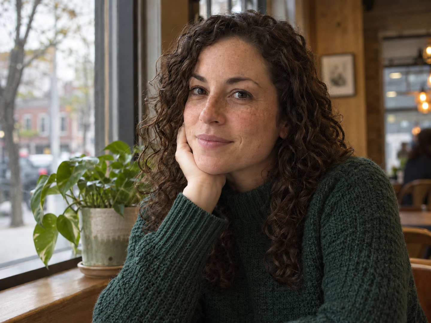 The same cafe portrait with balanced exposure and visible skin texture