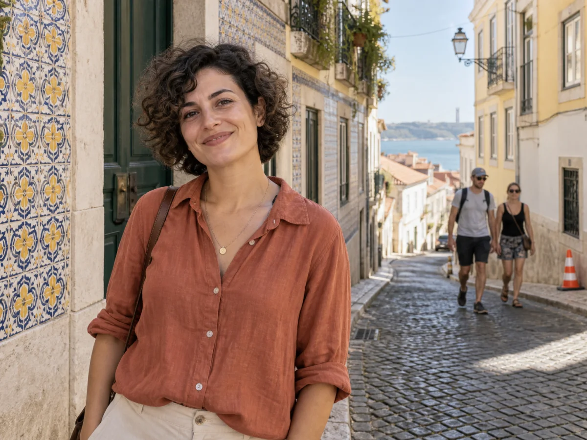 Travel portrait with two tourists and a traffic cone in the background