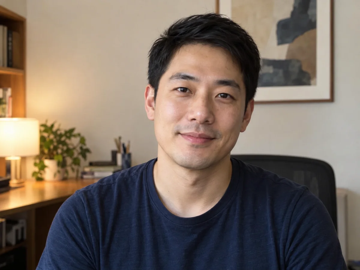 Casual portrait of a man in a navy T-shirt at home