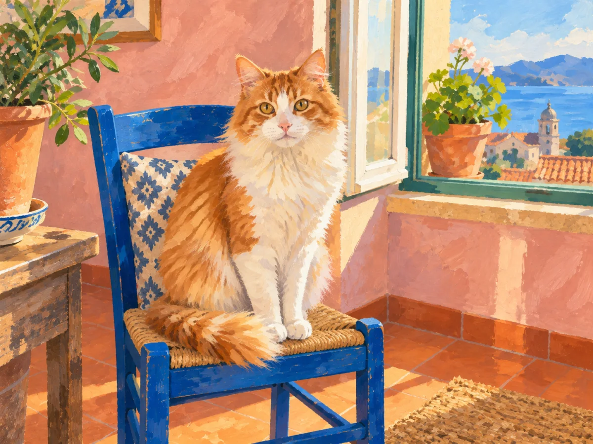A gouache illustration of the same cat, chair and sunny window