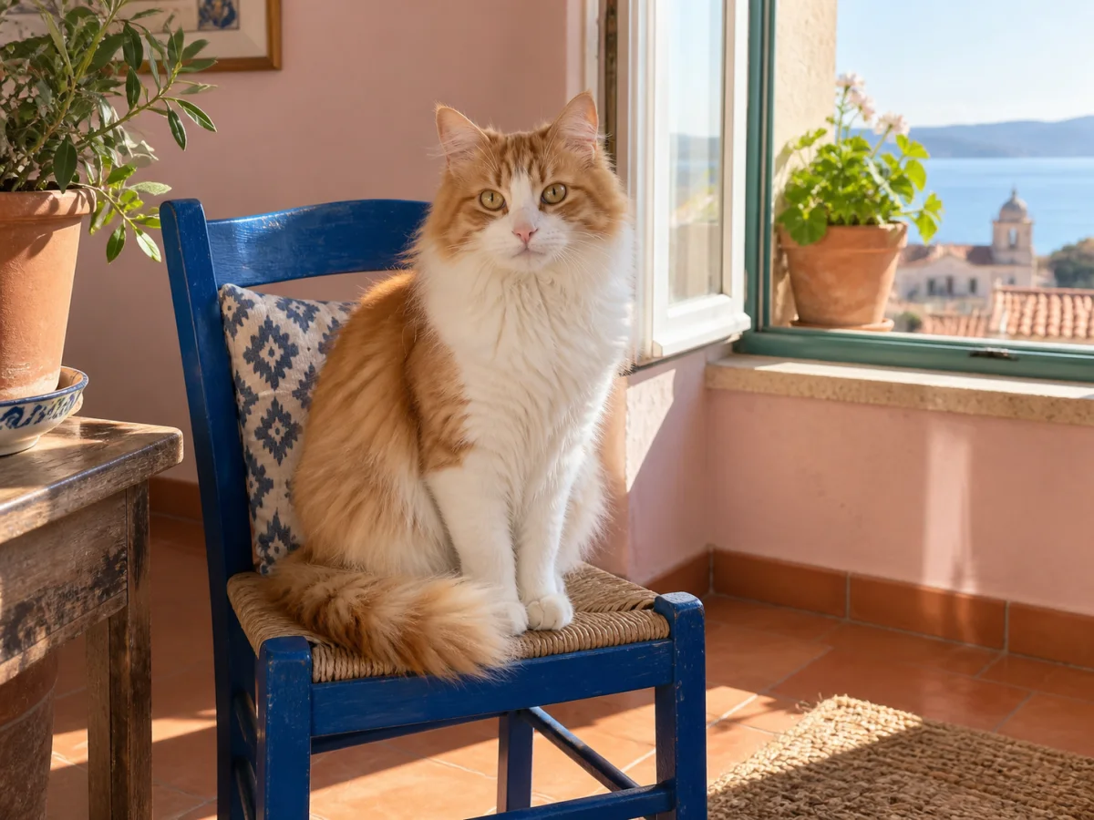Photograph of an orange and white cat on a blue chair