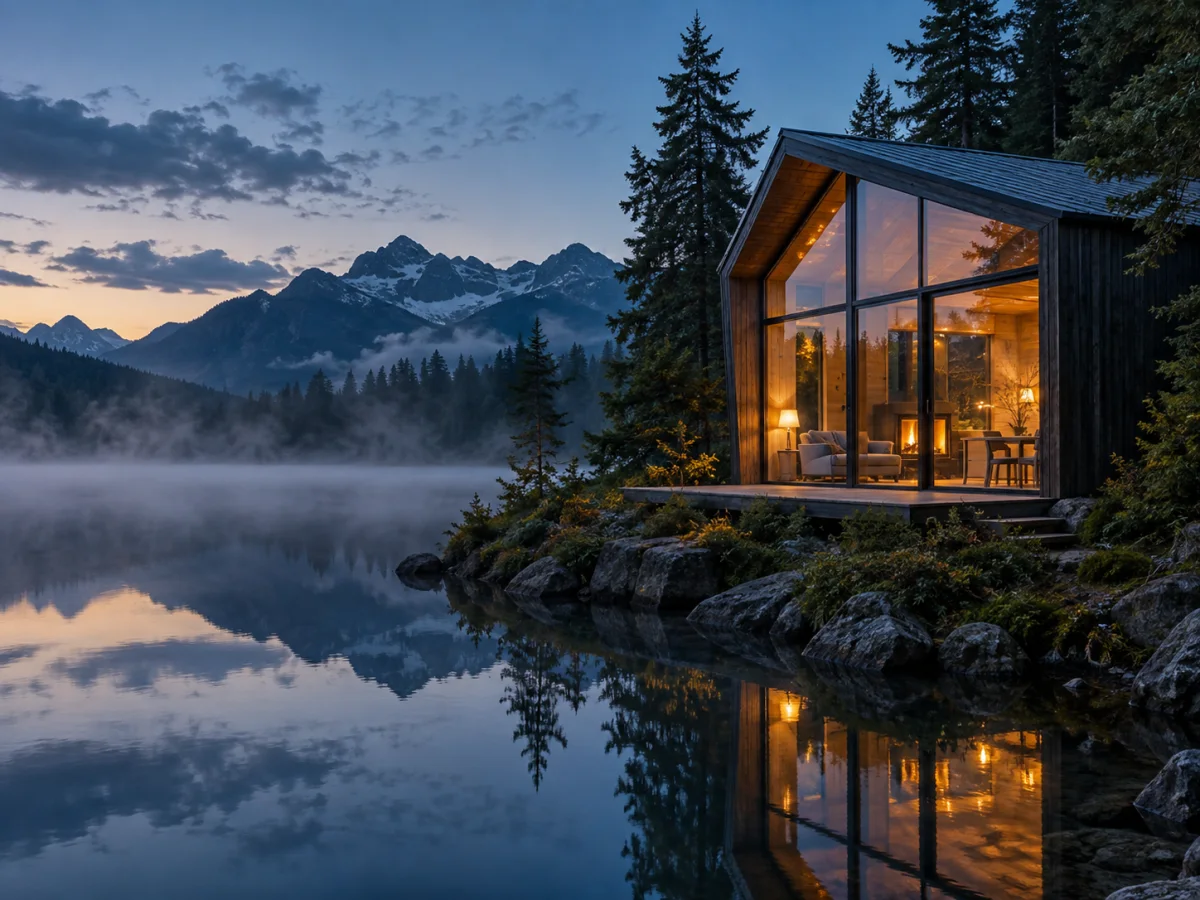 Lakeside cabin with warm lights and misty mountains at dusk