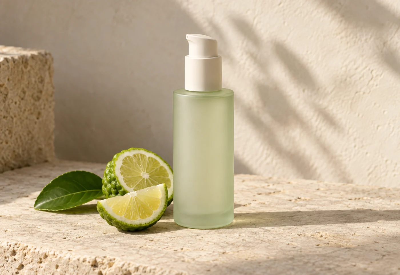 Unbranded pale-green skincare bottle with sliced bergamot
