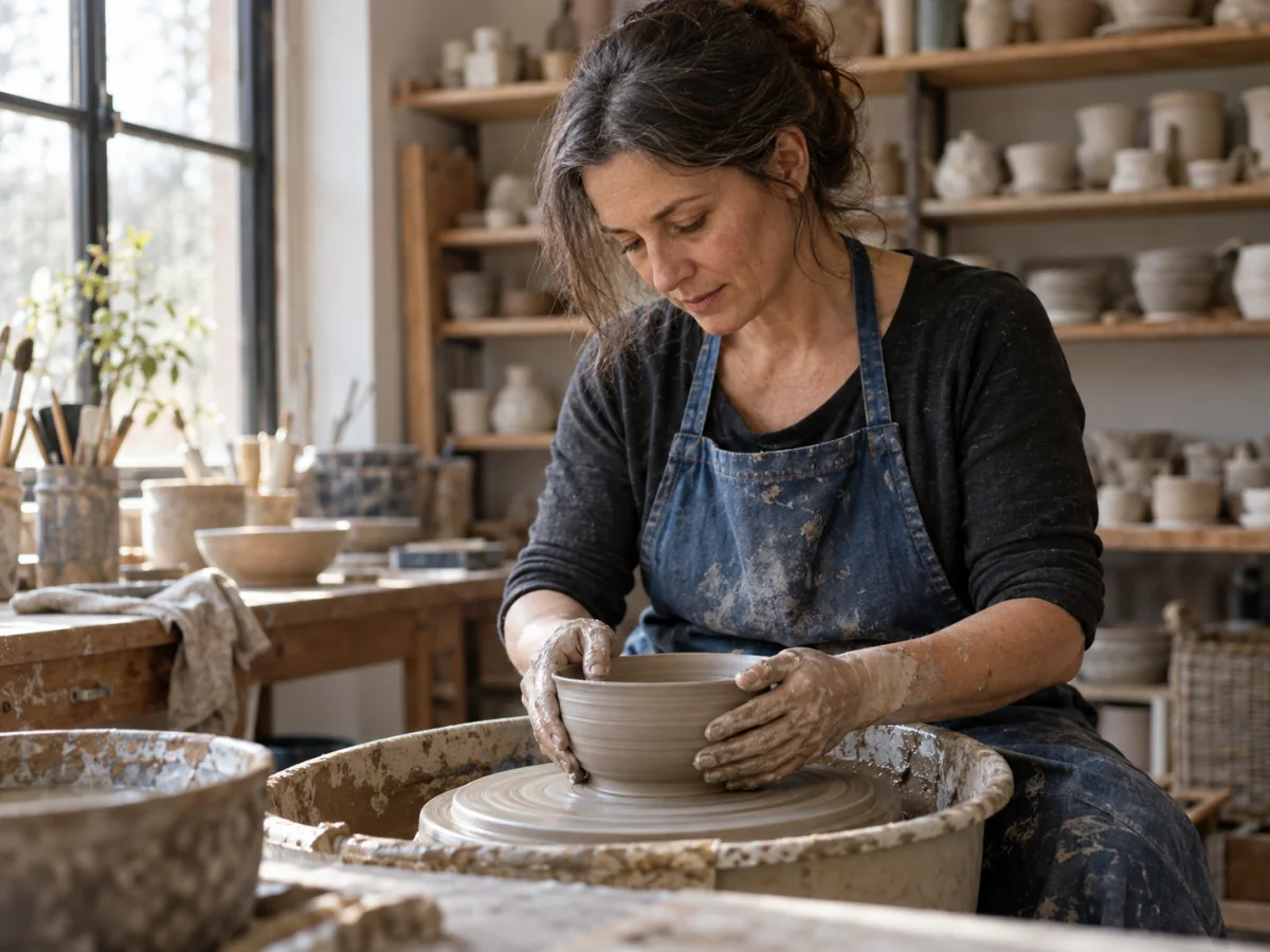 Ceramic artist shaping a wet clay bowl at a pottery wheel in a sunlit studio