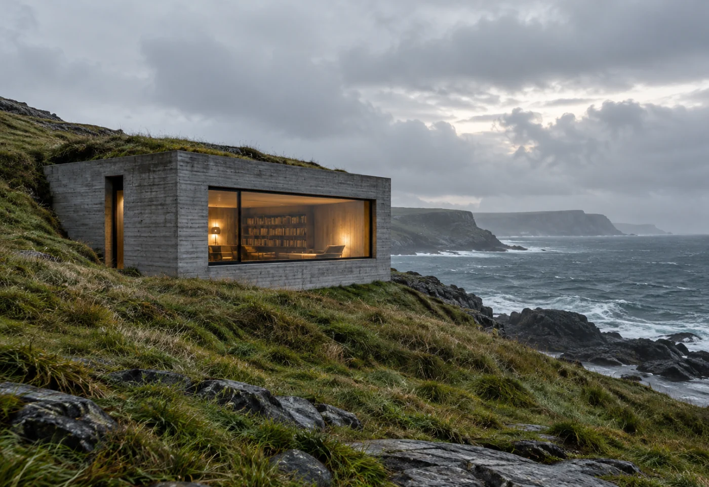 Concrete reading room on a windswept coast after rain
